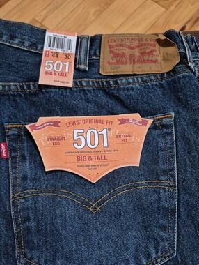 New With Tags Levi's 501 Big & Tall Straight Leg Jeans - Indigo Blue Size 44x30
